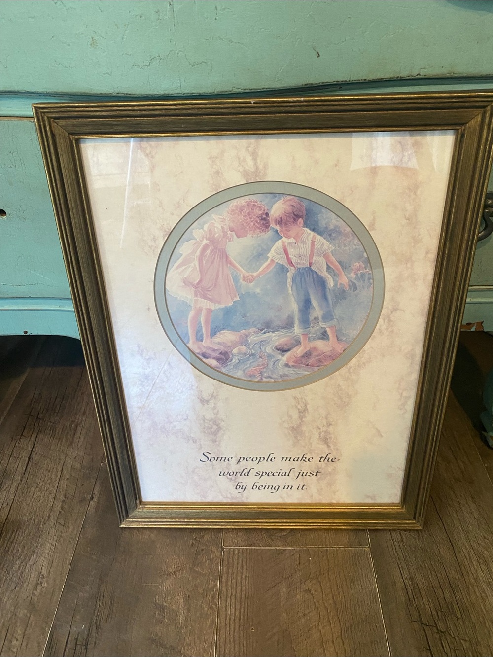 Framed Vintage Children Artwork in Gold Frame - Pink & Blue